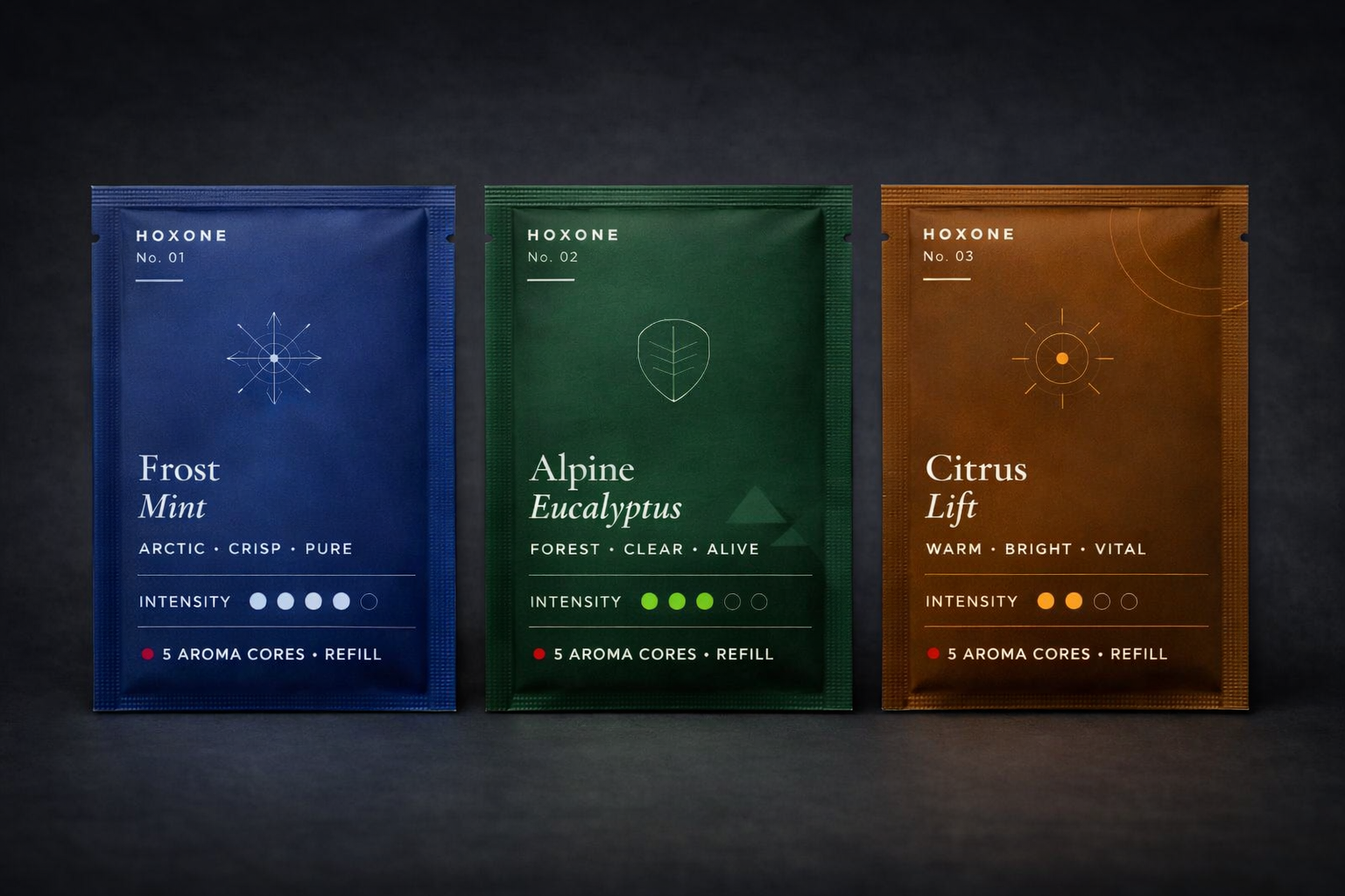 HOXONE aroma collection — Frost Mint, Alpine Eucalyptus, Citrus Lift